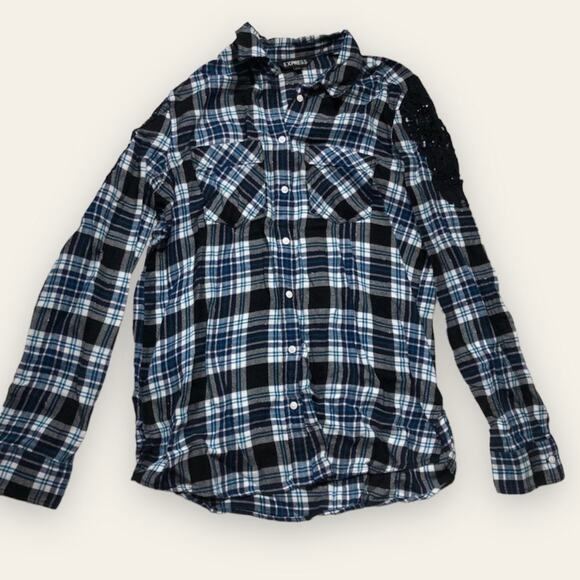 Express Plaid Button Up Shirt Blue Black White Grunge - Picture 1 of 9